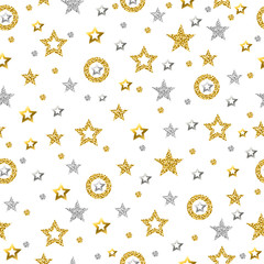 Seamless pattern with golden and silver glittering stars. Gold Seamless pattern. Repeatable background. Can be used for fabric, scrap booking, wallpaper, web background, invitation, vector