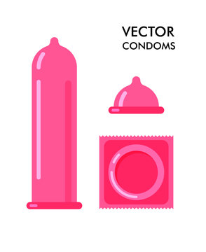 Vector condom and packages icon. Contraception concept. Sealed and open condoms isolated on white background. 