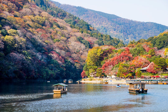 KYOTO, JAPAN - NOVEMBER 26, 2018: Boatman punting the boat for tourists to enjoy the autumn view along the bank of Hozu river in Arashiyama Kyoto, Japan