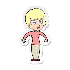 sticker of a cartoon woman shrugging shoulders