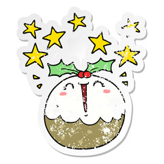distressed sticker of a cute cartoon happy christmas pudding