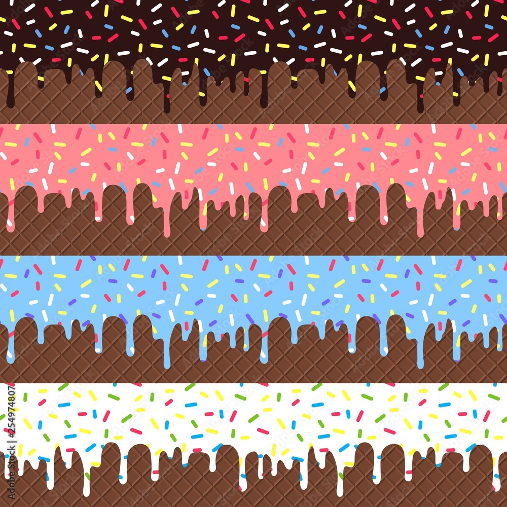 Poster vector set of flowing glaze with colorful sprinkles on chocolate wafer background. seamless borders 