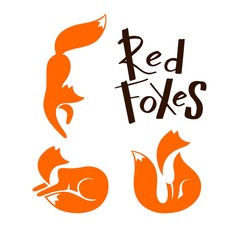 Set of Red Foxes Sitting and Looking Away, Lying and Walking. Vector Logo with Negative Space.