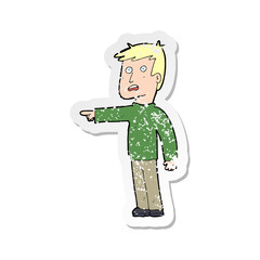 retro distressed sticker of a cartoon pointing man