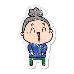 distressed sticker of a cartoon happy old lady