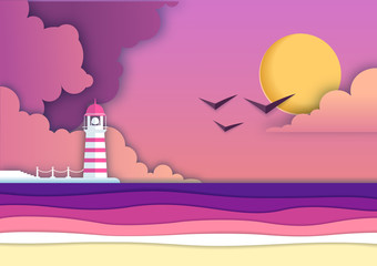 Sea or ocean landscape, sea beach with lighthouse cut out paper art style design