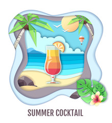 Tropic cocktail on sea beach landscape. Paper cut out art style design