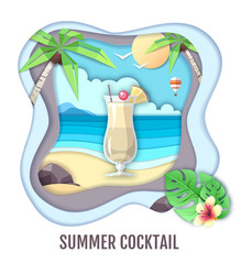 Tropic cocktail on sea beach landscape. Paper cut out art style design