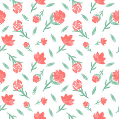Abstract gentle floral seamless pattern with red-pink hand drawn flowers from simple shapes and leaves on white background. Vintage botanical endless texture. Textile design