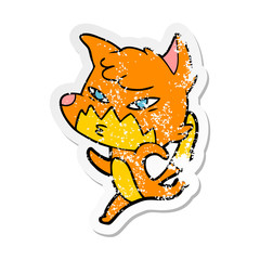 distressed sticker of a clever cartoon fox