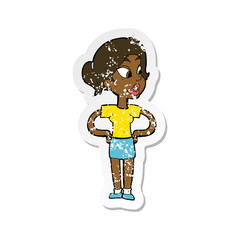 retro distressed sticker of a cartoon woman with hands on hips