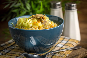 Soup with barley and chicken gizzards.