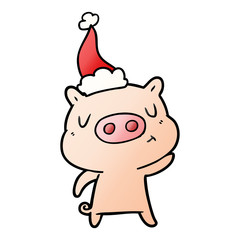 gradient cartoon of a content pig wearing santa hat