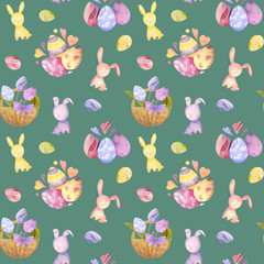 Naklejka premium Cute baby easter rabbit seamless pattern, illustration for children clothing. Watercolor Hand drawn