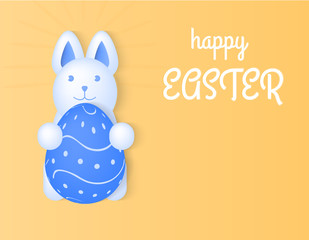 Happy Easter vector illustration, bunny holding an egg, light yellow background
