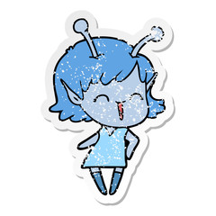 distressed sticker of a cartoon alien girl laughing
