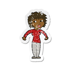 retro distressed sticker of a cartoon woman shrugging shoulders
