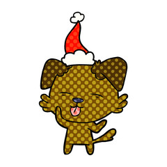 comic book style illustration of a dog sticking out tongue wearing santa hat