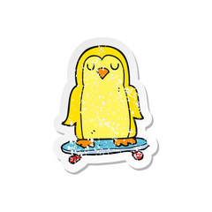 retro distressed sticker of a cartoon bird on skateboard