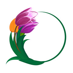 Vector tulips flower bouquet round frame or spring floral border with blooming red and purple garden blossom illustration isolated on white Perfect to use in postcard or greeting card graphic design
