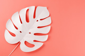 Creative decorative composition - white monstera on a pink background. Conceptual photography.