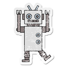 distressed sticker of a cute cartoon dancing robot