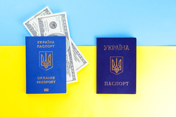 Ukrainian biometric passport and internal passport on background of Ukrainian flag. Passport for traveling abroad and dollars on yellow blue background. Money and documents