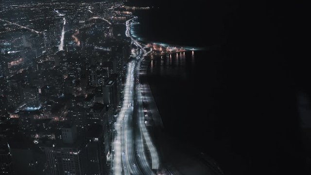 Aerial View of Lake Shore Drive in Chicago at Night