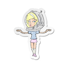 retro distressed sticker of a cartoon woman wearing space helmet