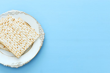 Pesah celebration concept (jewish Passover holiday). Top view, flat lay