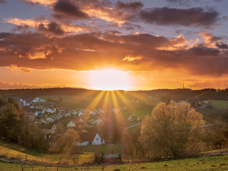 Bavarian City at sunset phase with sun rays in high resolution