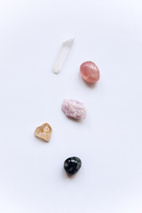 A set of minerals. White Quartz, Rose Quartz, Fluorite, Citrine and Kunzite