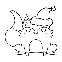 line drawing of a fox wearing santa hat