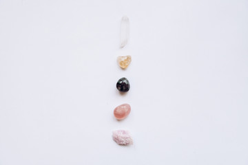 A set of minerals. White Quartz, Rose Quartz, Fluorite, Citrine and Kunzite