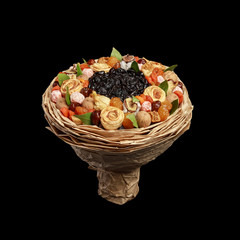 Fototapeta na wymiar Unique gift bouquet consisting of dried fruit, side view on a black background