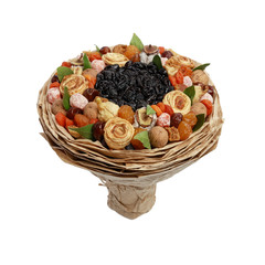 Unique gift bouquet consisting of dried fruit, side view on a white background
