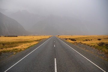 Road around Hooker Valley Track in Aoraki National Park, New Zealand 