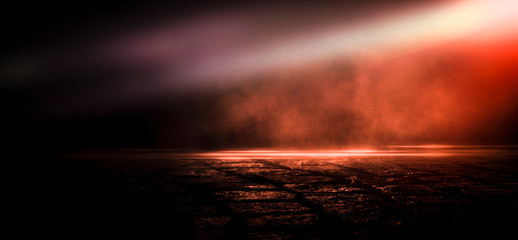 Wet asphalt, reflection of neon lights, a searchlight, smoke. Abstract street with smoke, smog. Night background, night city Abstract bokeh light, night bokeh.