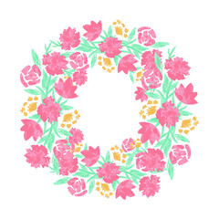 Floral wreath with red pink blooming flowers and leaves isolated on white background. Pretty garland. Design template for invitation, wedding or greeting cards. Vector