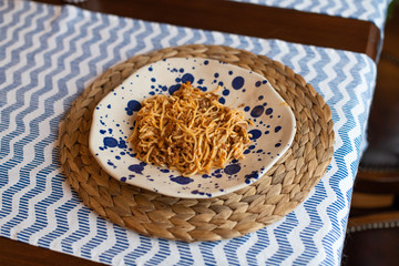 homemade spaghetti bolognese, traditional pasta dish with meat and vegetables