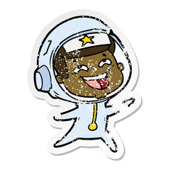 distressed sticker of a cartoon laughing astronaut