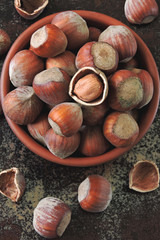 Hazelnuts in a bowl. Fresh hazelnuts in the shell.