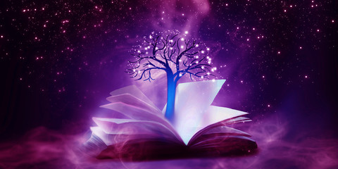 An open book with a magical fantasy. Night view illustration with a book. The magical power of...