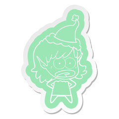 cartoon  sticker of a shocked elf girl wearing santa hat