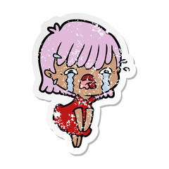 distressed sticker of a cartoon girl crying