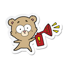 sticker of a anxious bear cartoon with air horn