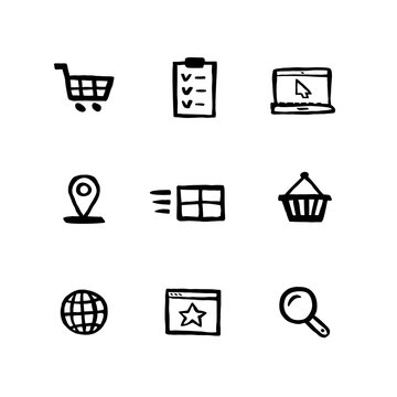 Naive Style Shopping Icon Set. E-commerce, Online Shopping And Delivery Doodle Ink Style Set Of Icons. Vector Hand Drawn Naive Style Line Icons