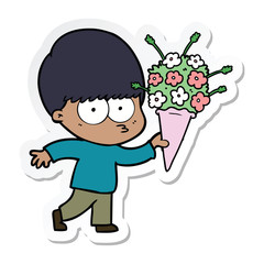 sticker of a nervous cartoon boy with flowers