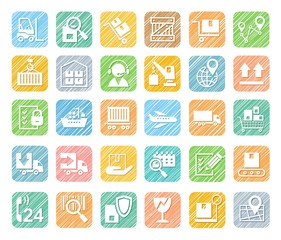 Shipping, flat icons, pencil hatching, colored, vector. Cargo transportation and delivery of goods. White flat icons on a colored shaded background. Simulation of shading. Vector clip art. 