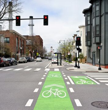 Protected Bike Lane and Intersection Markings On City Street